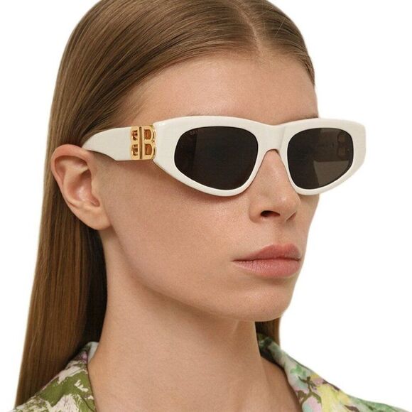 SALE! NEW Balenciaga BB0095S 012 White Gold Logo Grey Cat Eye Unisex Sunglasses